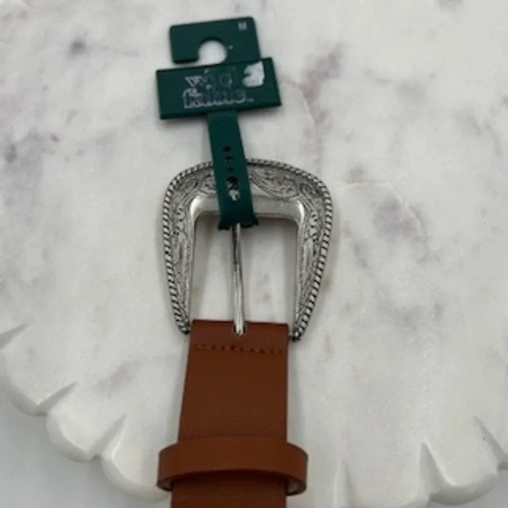 Wild Fable Women Brown Western Whipstitch Belt Silver Engraved Buckle Medium NEW - Picture 5 of 8